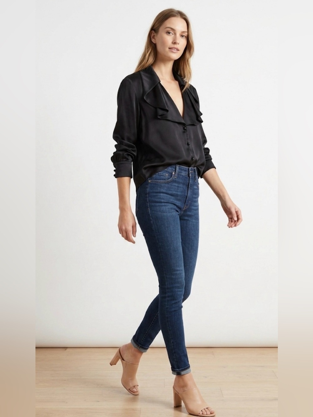 Parker Black Silk Blend Ruffle Collar Button-Down Blouse - Size M